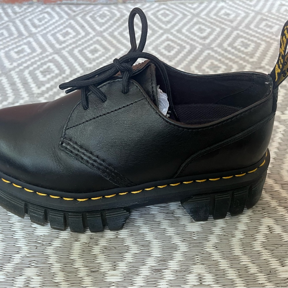 Dr. Martens Black Leather Shoes with Yellow Stitching